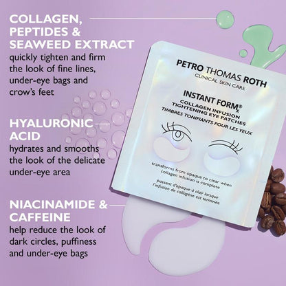 Instant FORM Collagen Infusion Tightening Eye Patches (8 Pairs), Color Changing Collagen Mask, Hydrating Gel Patches with Niacinamide & Hyaluronic Acid, Brightening, Serum